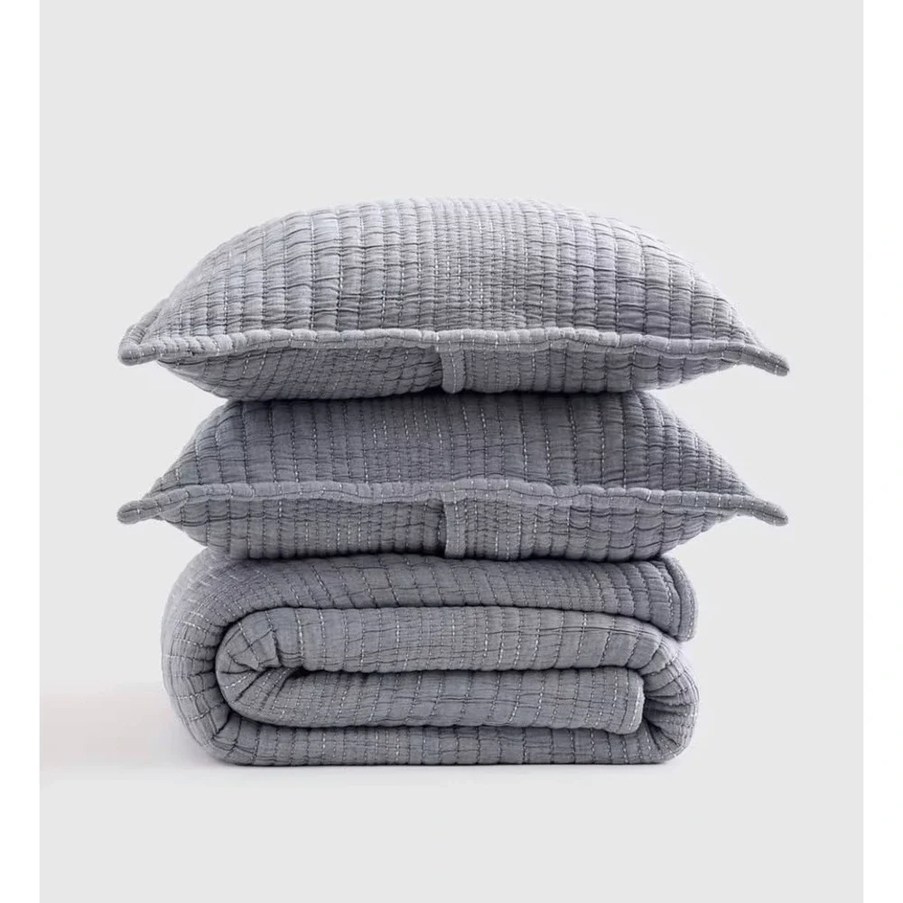 Organic Cotton Channel Stitch Coverlet Set Full/Queen Size Blue with Sham Set